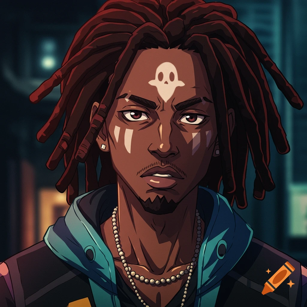 Anime portrait of a Black male with dreadlocks and a ghost symbol on his forehead, wearing a hoodie and beads.