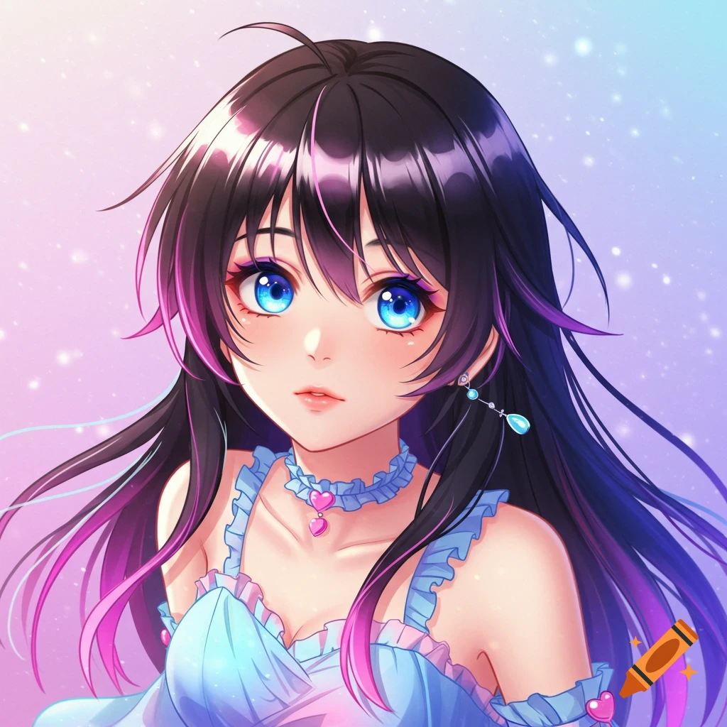 Close-up anime portrait of a girl with blue eyes and dark hair with purple highlights, wearing a blue dress and necklace.