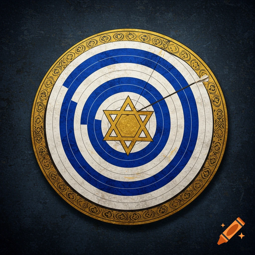 An archery target with a gold Star of David in the center and blue and white rings, hit by an arrow.