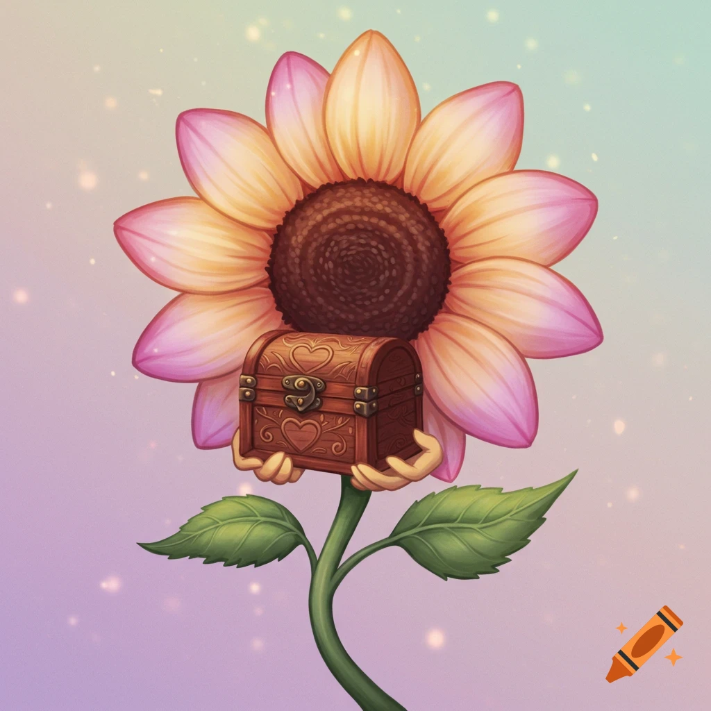 A whimsical flower holding a small treasure chest
