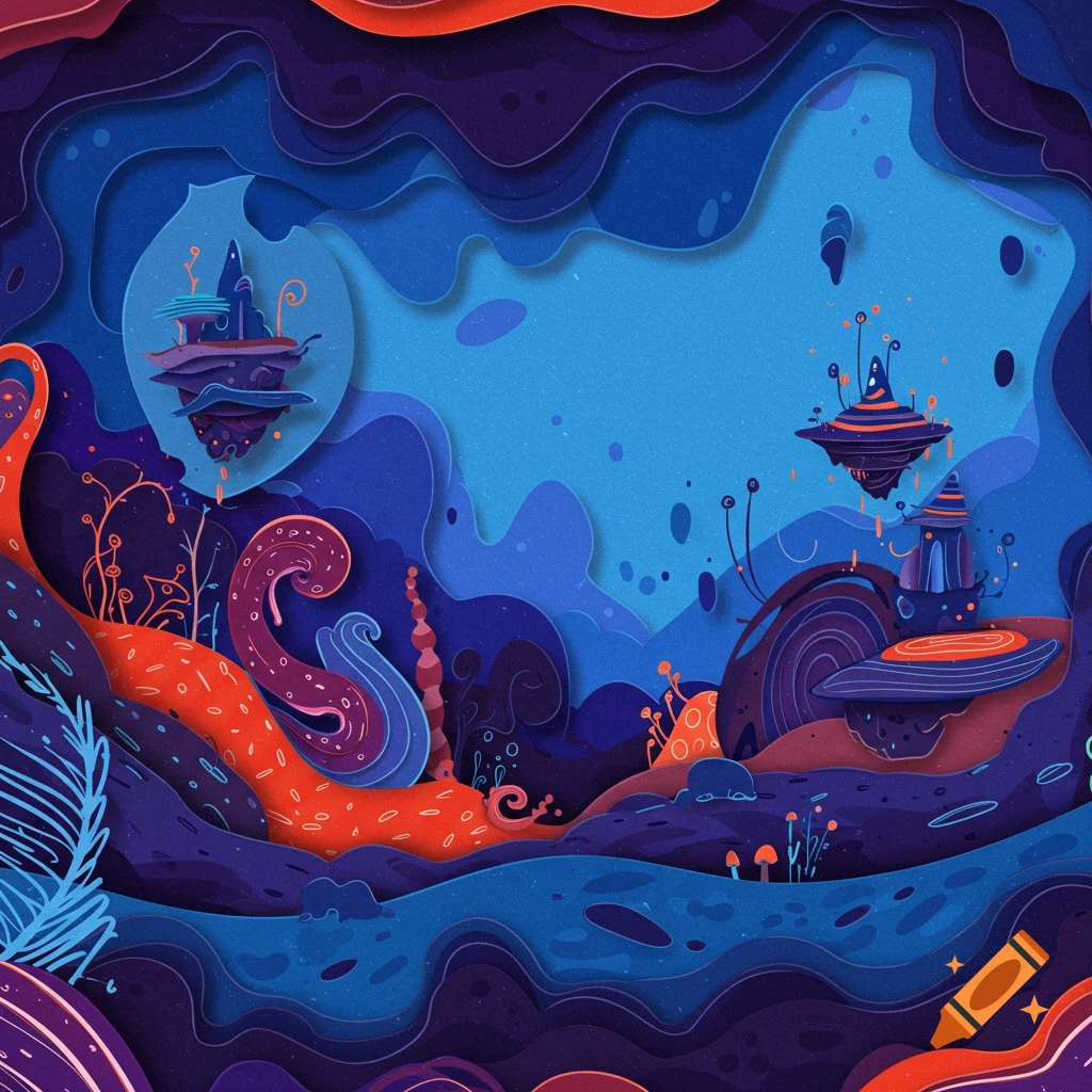 Abstract paper art landscape with layered blues, purples, and orange shapes, floating islands, and strange plants.