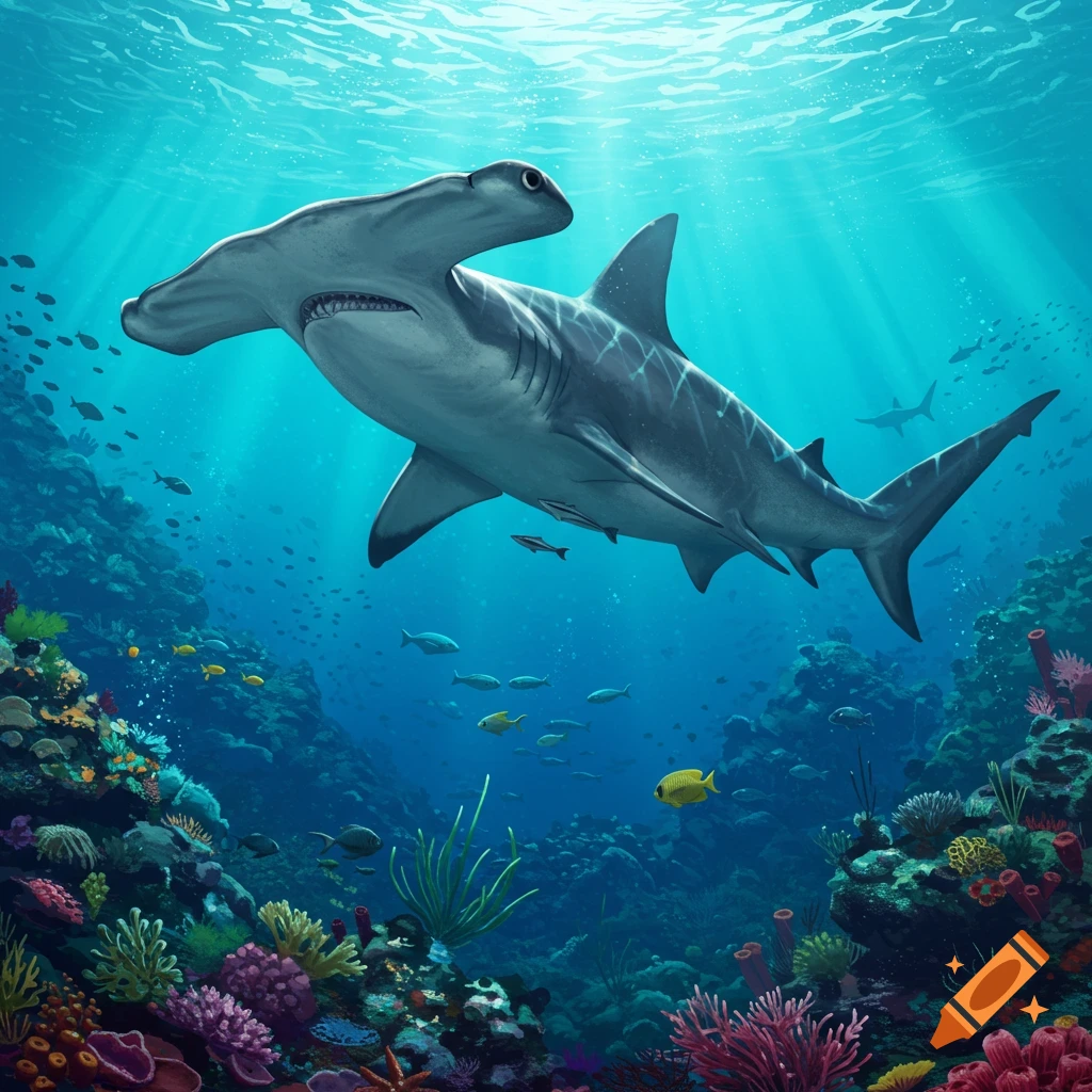 A hammerhead shark swims over a vibrant coral reef.