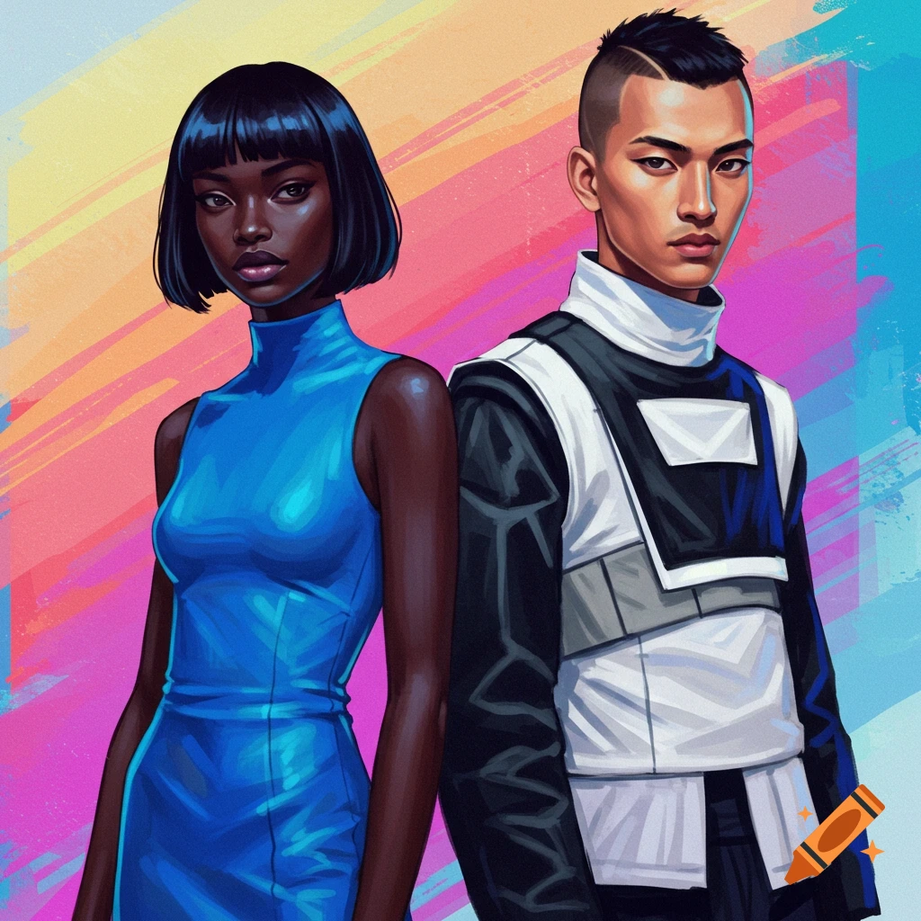 A Black woman in a blue dress and an Asian man in futuristic clothing against a colorful background.