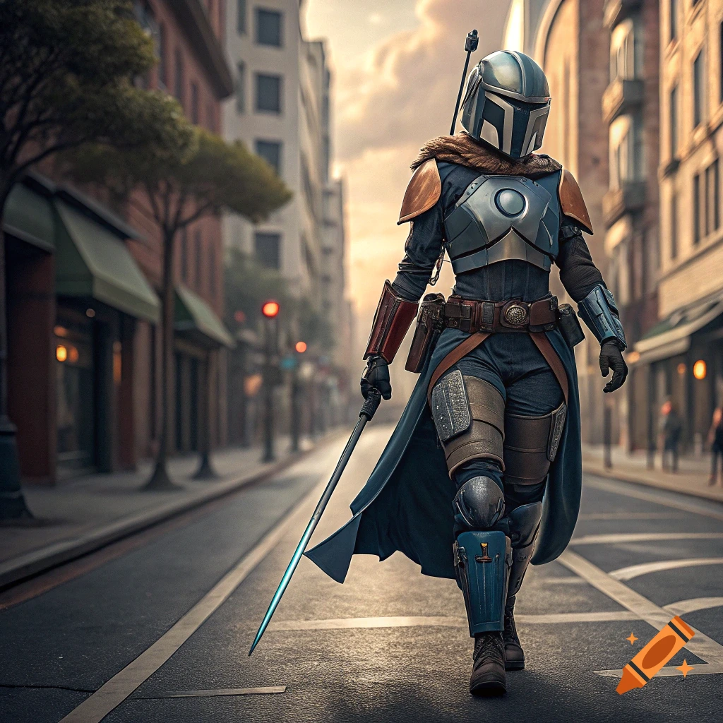 Bo Katan in armor walking down a street