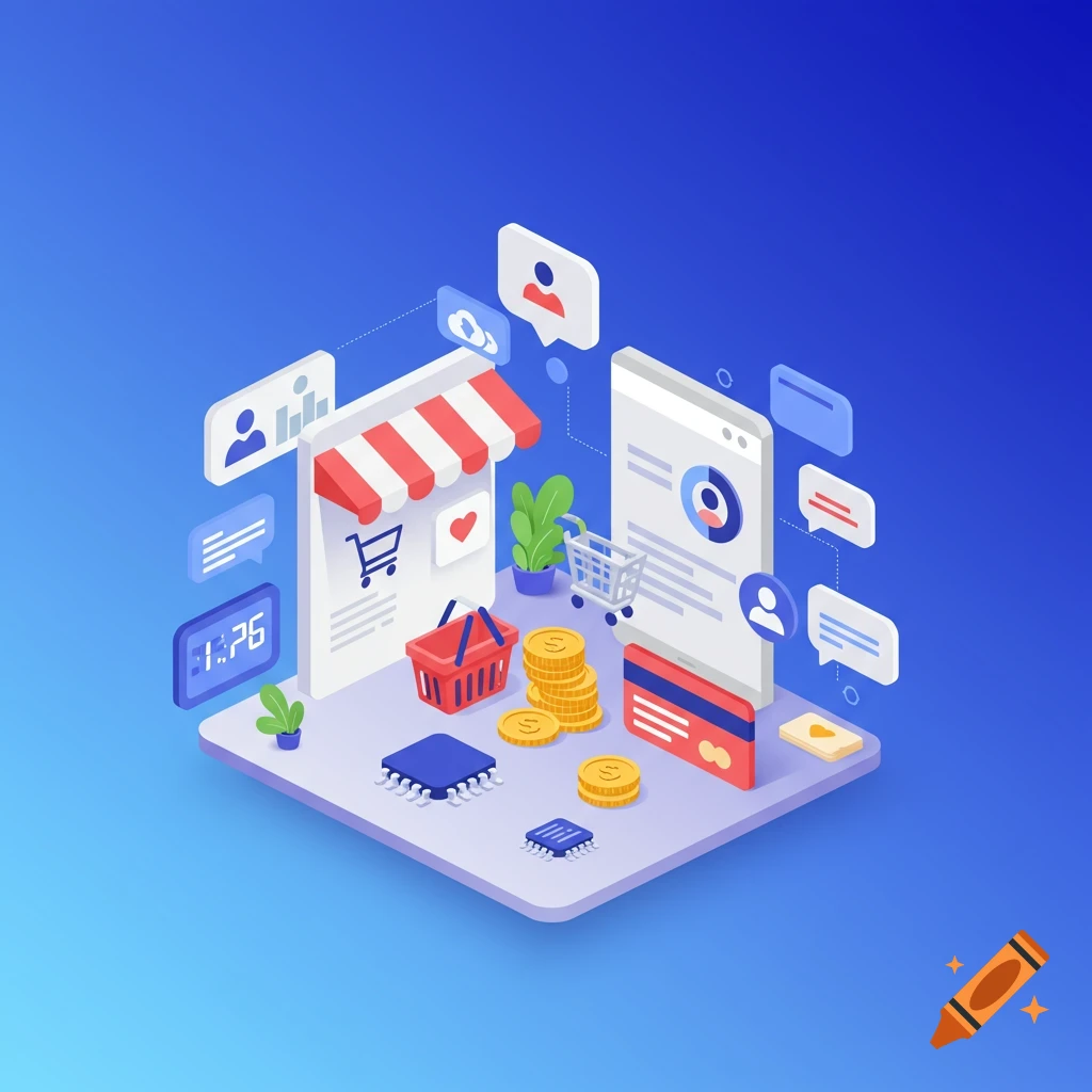 Isometric illustration of ecommerce concepts: store, carts, coins, credit card, and data displays.