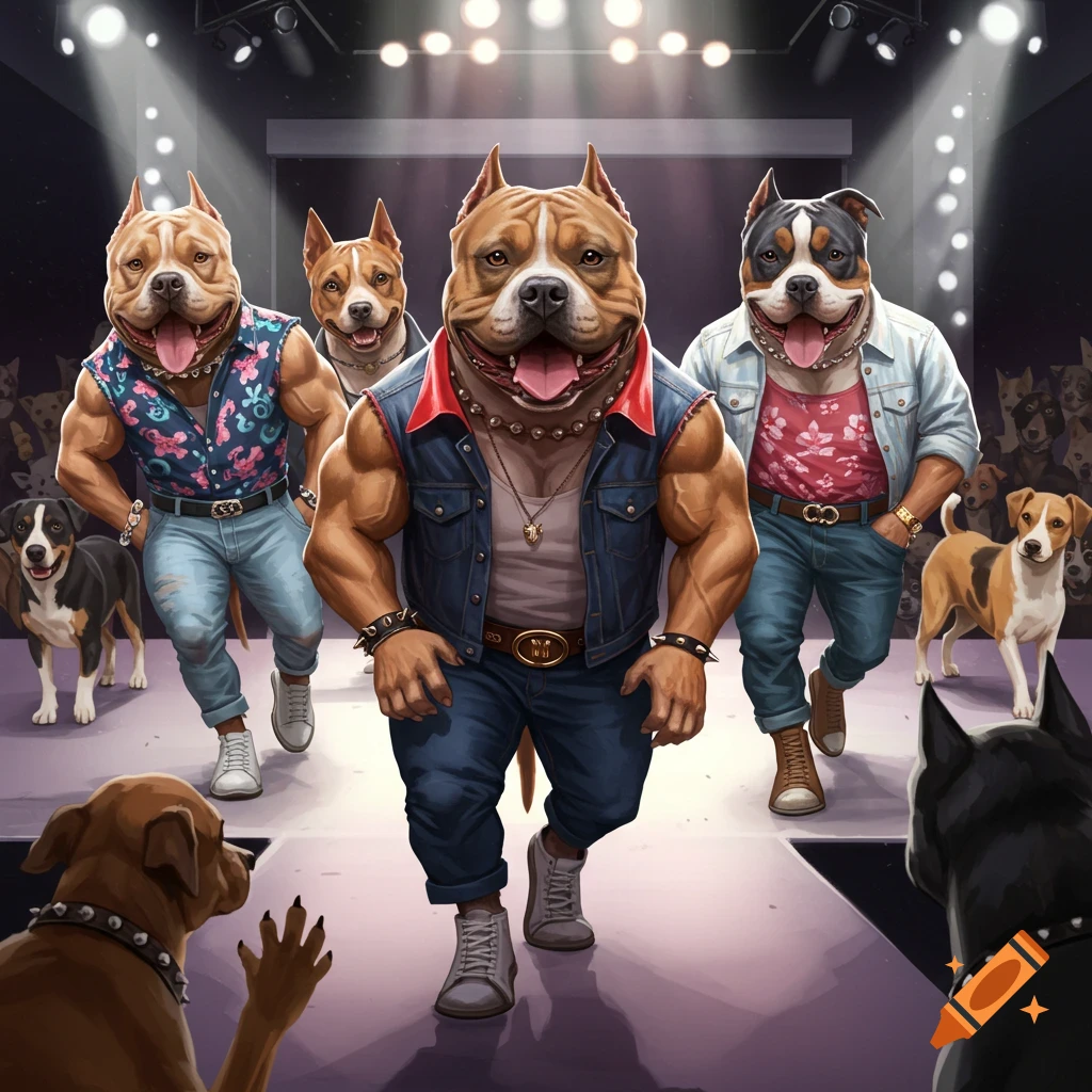 Muscular dogs in stylish outfits walk down a fashion runway, watched by an audience of other dogs.