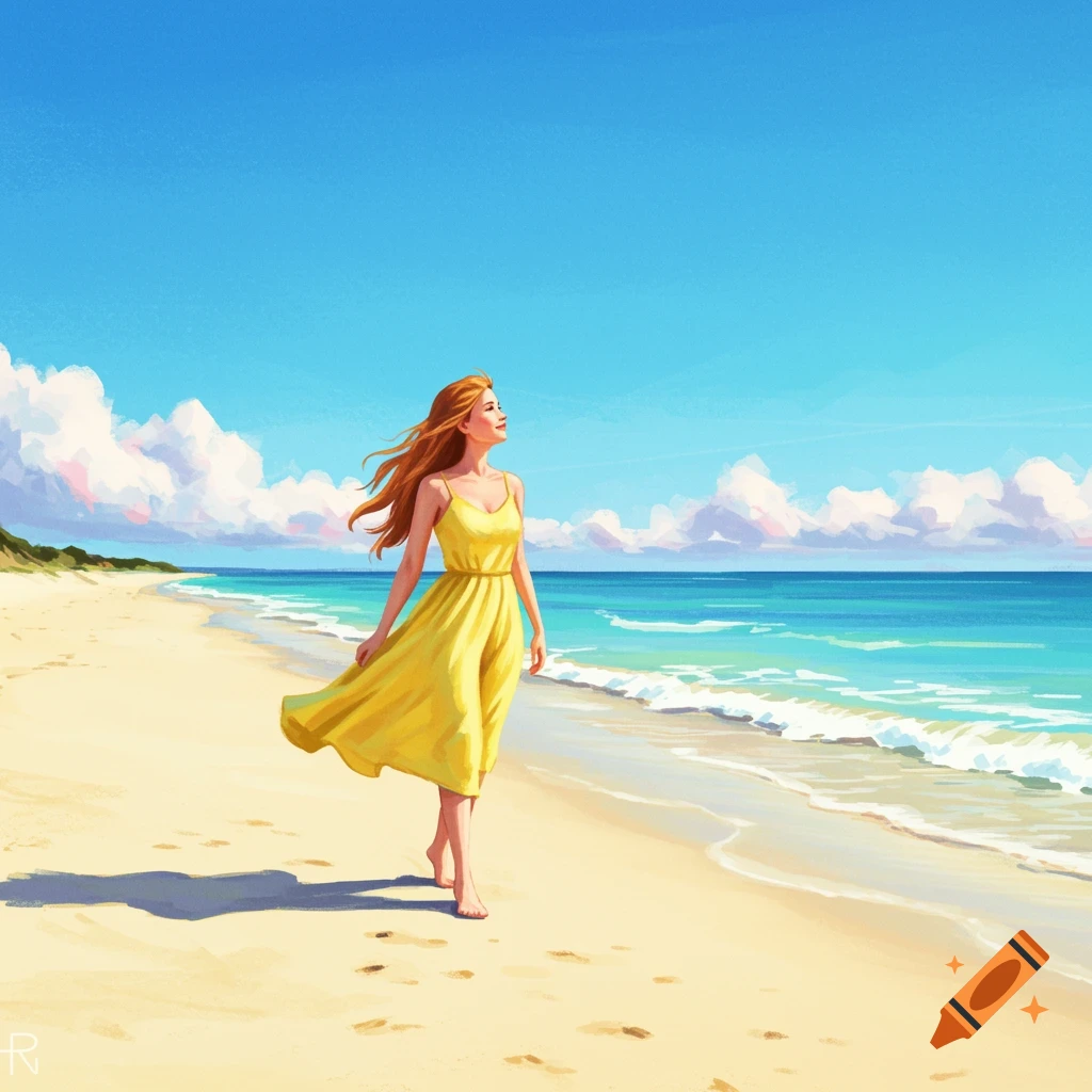 A woman in a yellow dress walks on a sandy beach under a blue sky.
