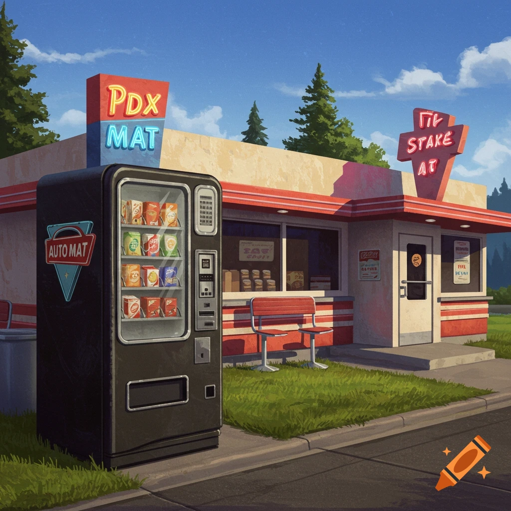 A retro style vending machine and small restaurant building under a blue sky.