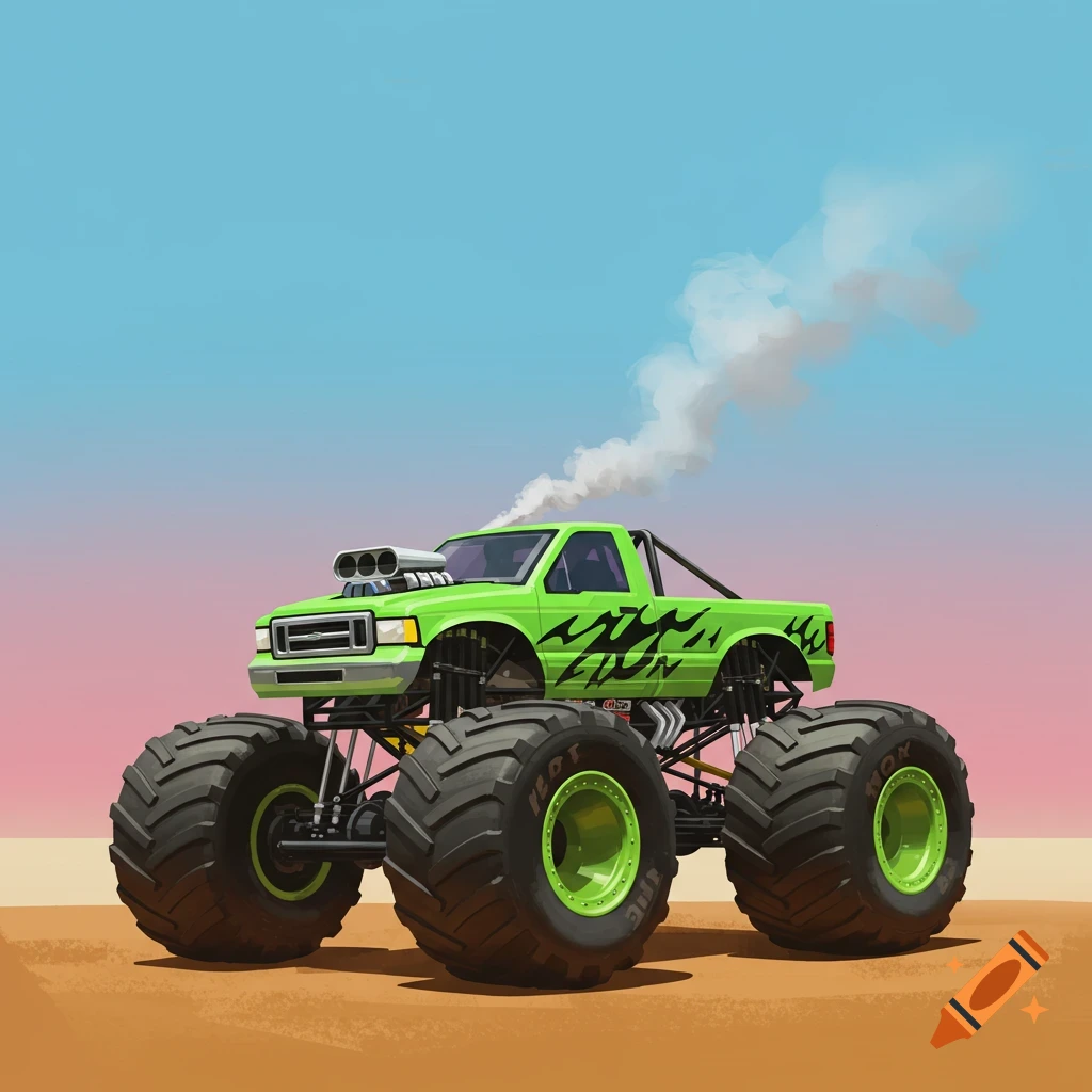 A bright green monster truck on sand.