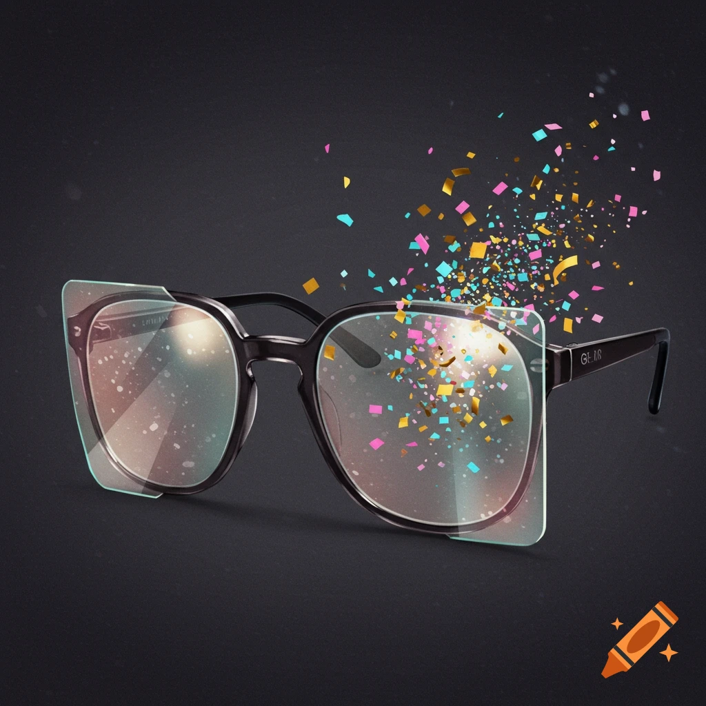 Black glasses with a transparent shield and colorful confetti exploding from the lens.