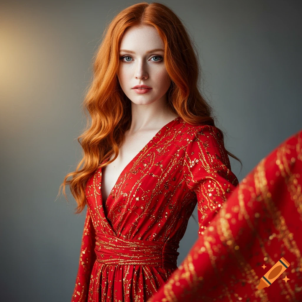 Portrait of a woman with red hair wearing a red dress with gold accents