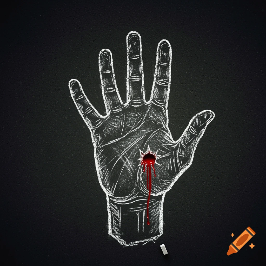 Stylized chalk outline of a hand on a black background with a bleeding wound in the palm.