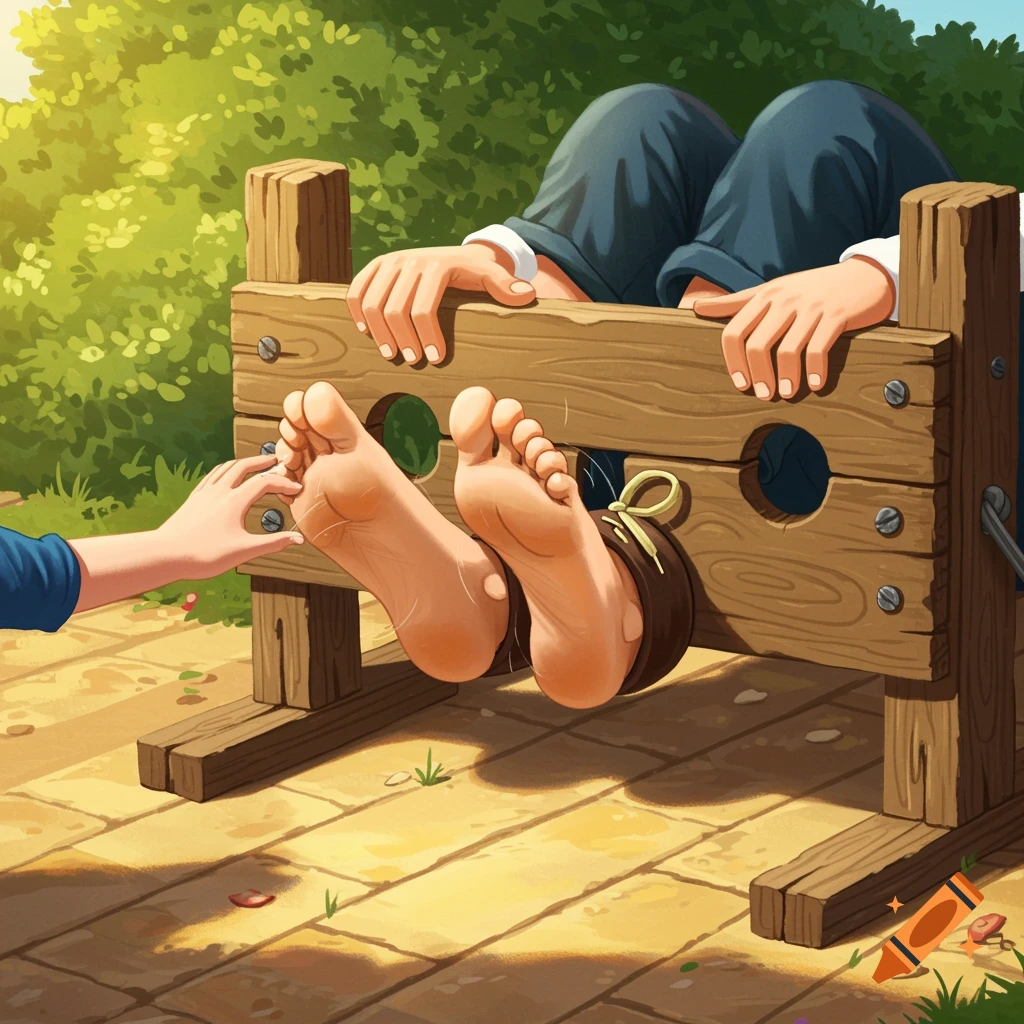 Cartoon of feet in wooden stocks being tickled by a hand.