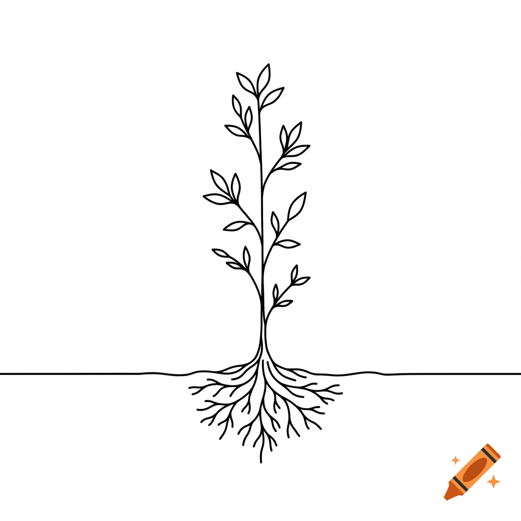 A simple black line drawing of a plant with roots underground.