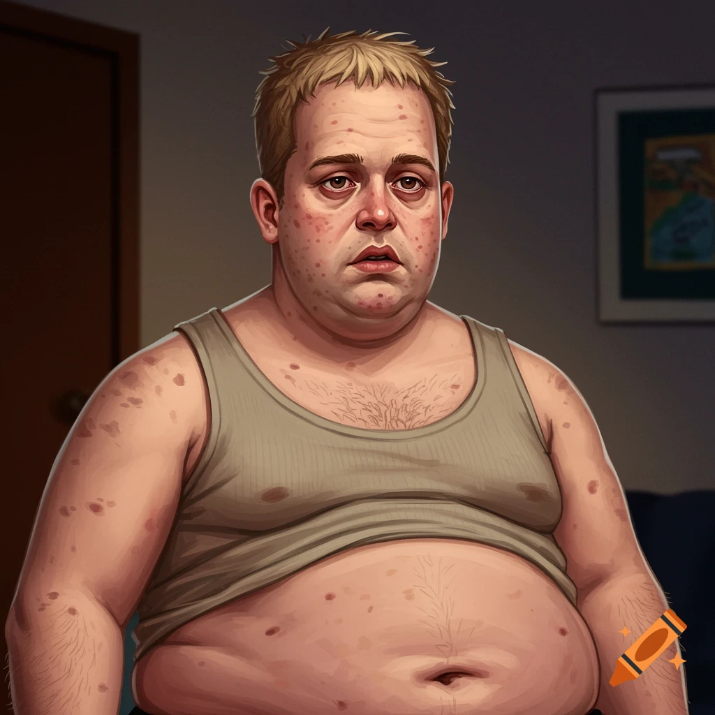 An overweight man with severe acne, wearing a tank top.