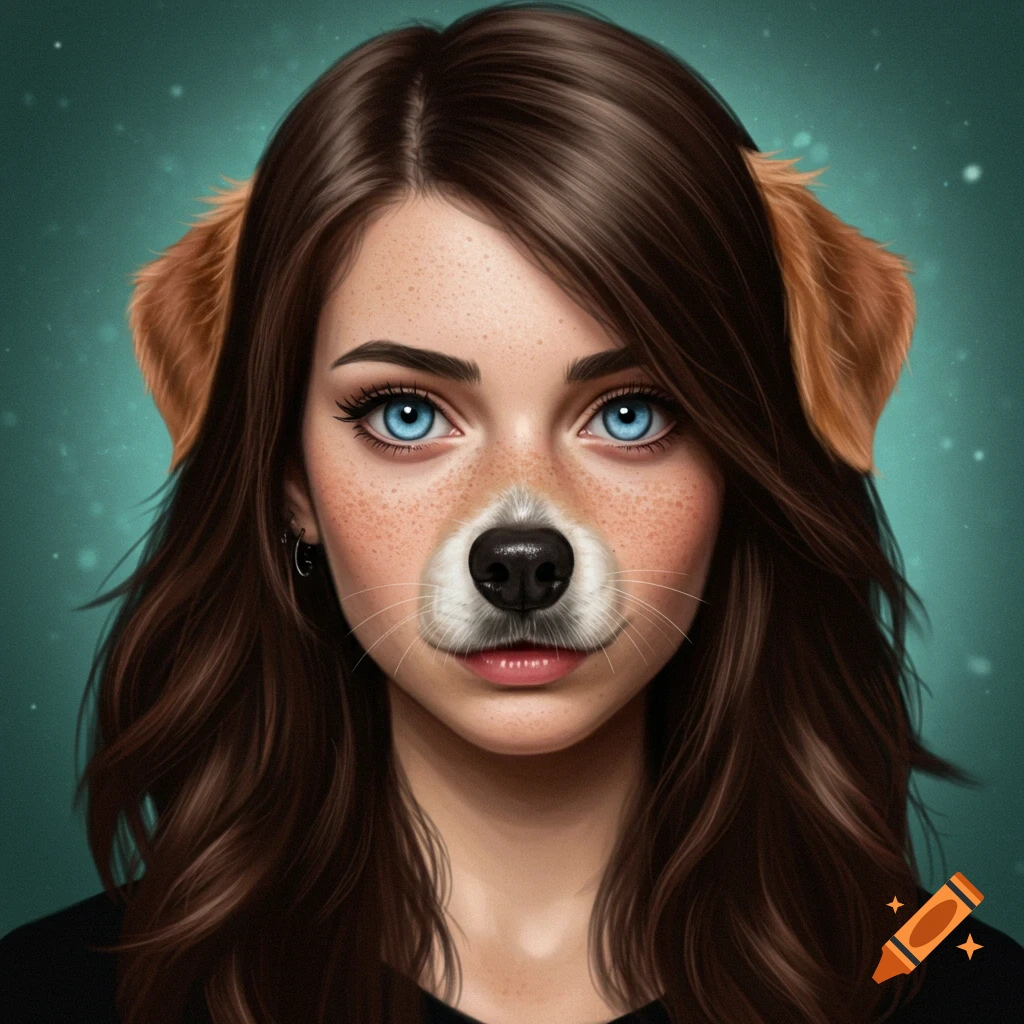 Portrait of a person with dog ears and nose, blue eyes, and freckles.