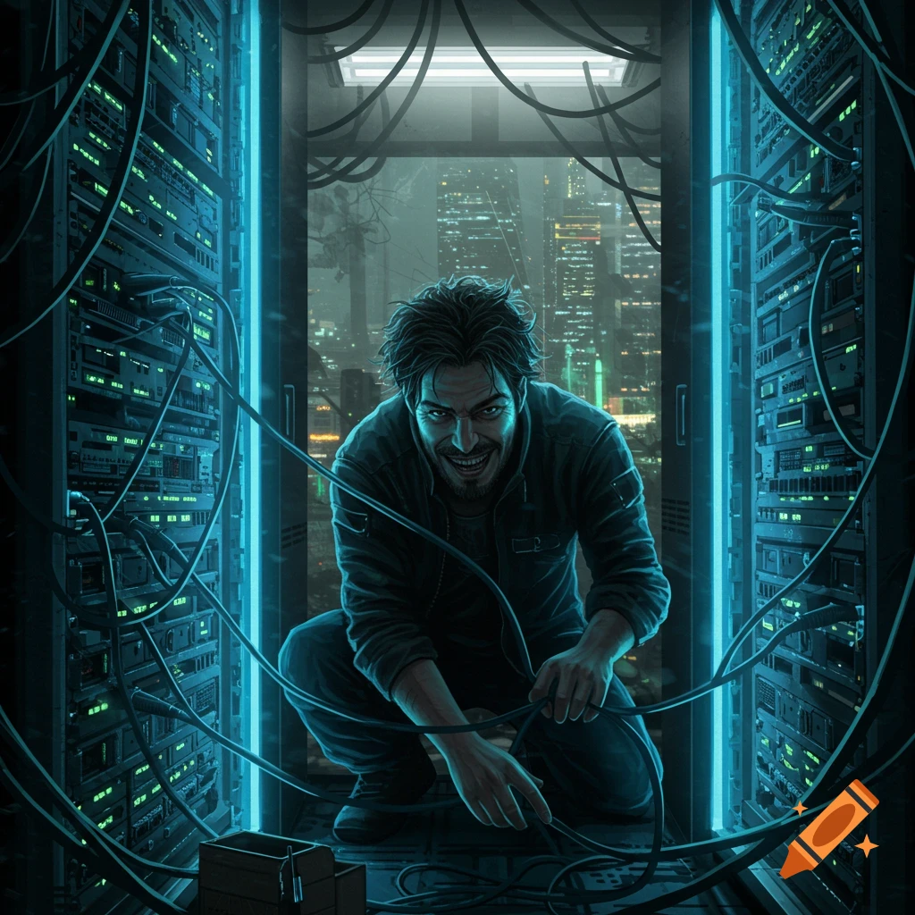 A man crouches between two glowing server racks, holding wires, with a city skyline behind him.