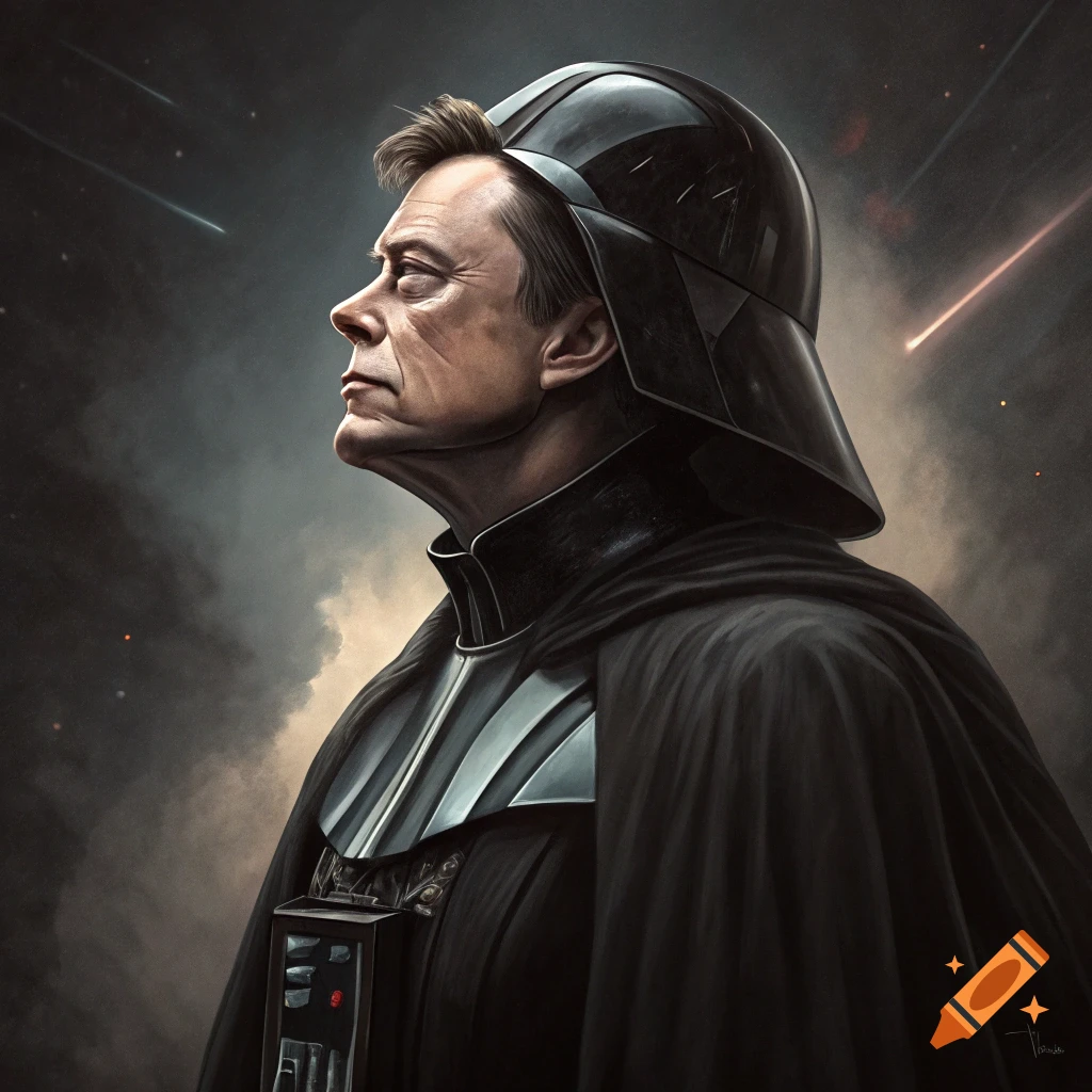 Painting of Elon Musk dressed as Darth Vader looking upward.