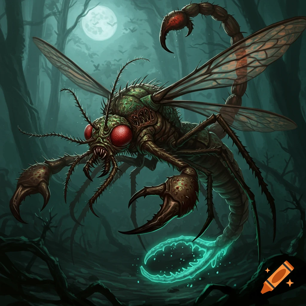 A giant mosquito monster with a scorpion tail and claws flying through a dark, moonlit forest.