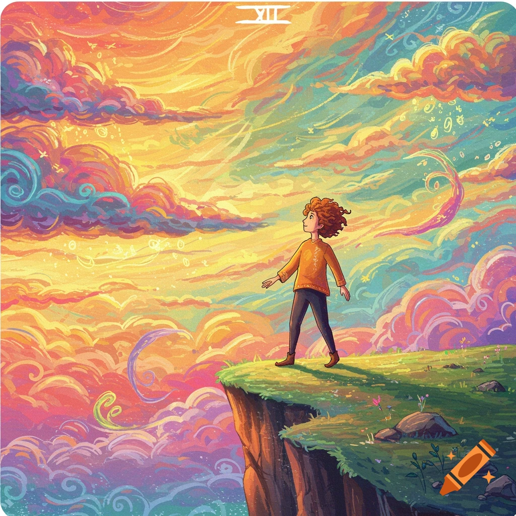 A stylized image of a person standing on a cliff edge, looking at a vibrant, swirling, colorful sky.