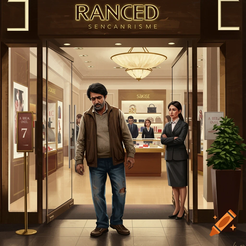 A man stands outside a store entrance while a woman watches from inside.