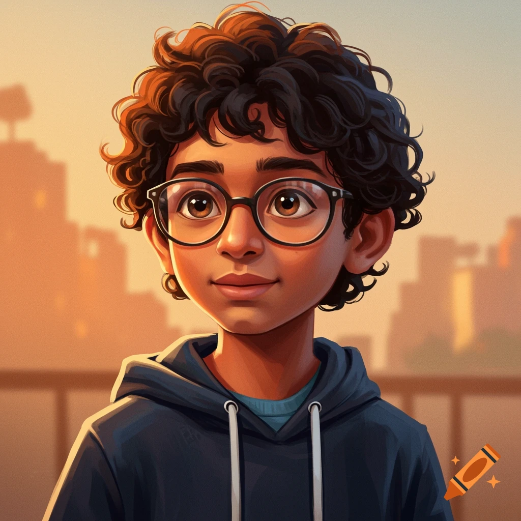 Illustration of a young boy with curly hair and glasses wearing a blue hoodie.