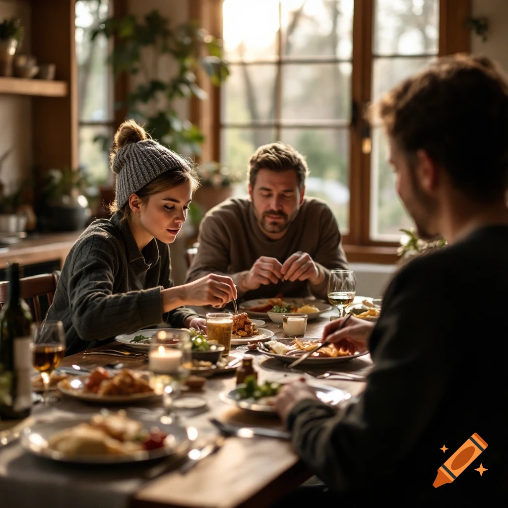 People eating dinner at a table in a sunlit room.