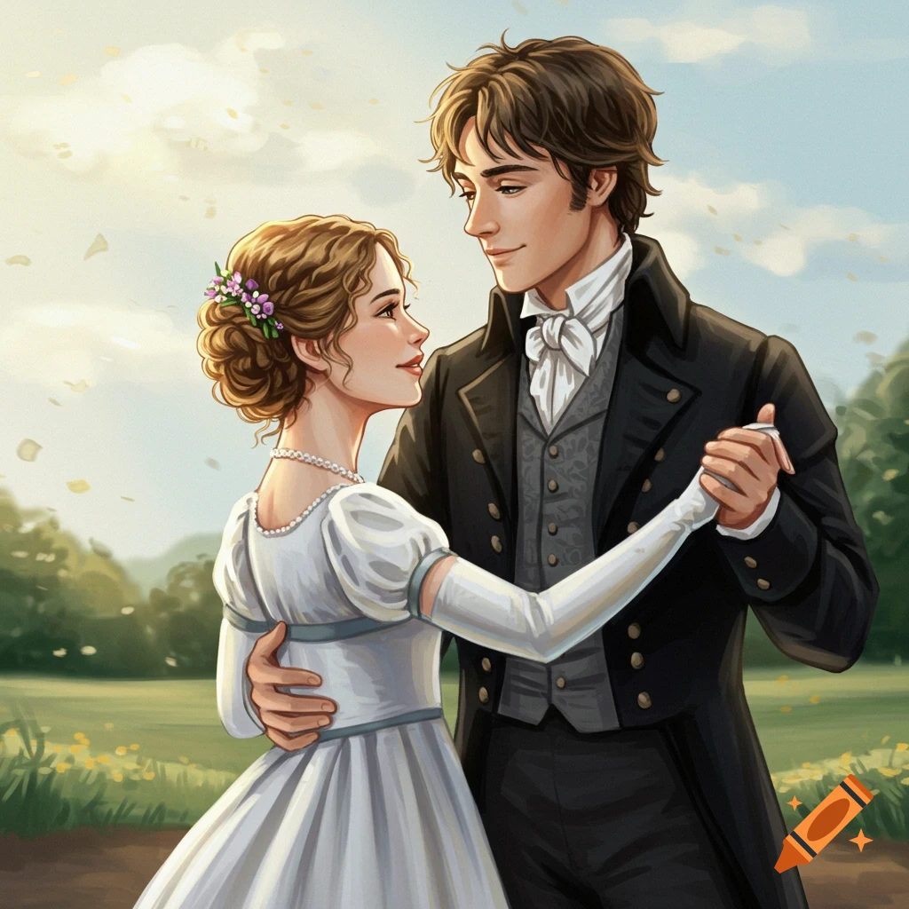 Couple in historical dress dancing outdoors.