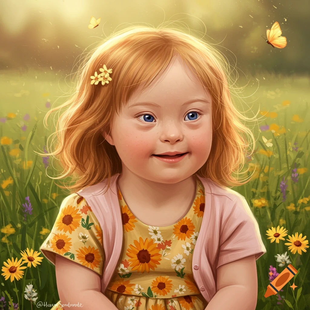 A smiling young girl with Down syndrome is in a sunny meadow with flowers and butterflies.