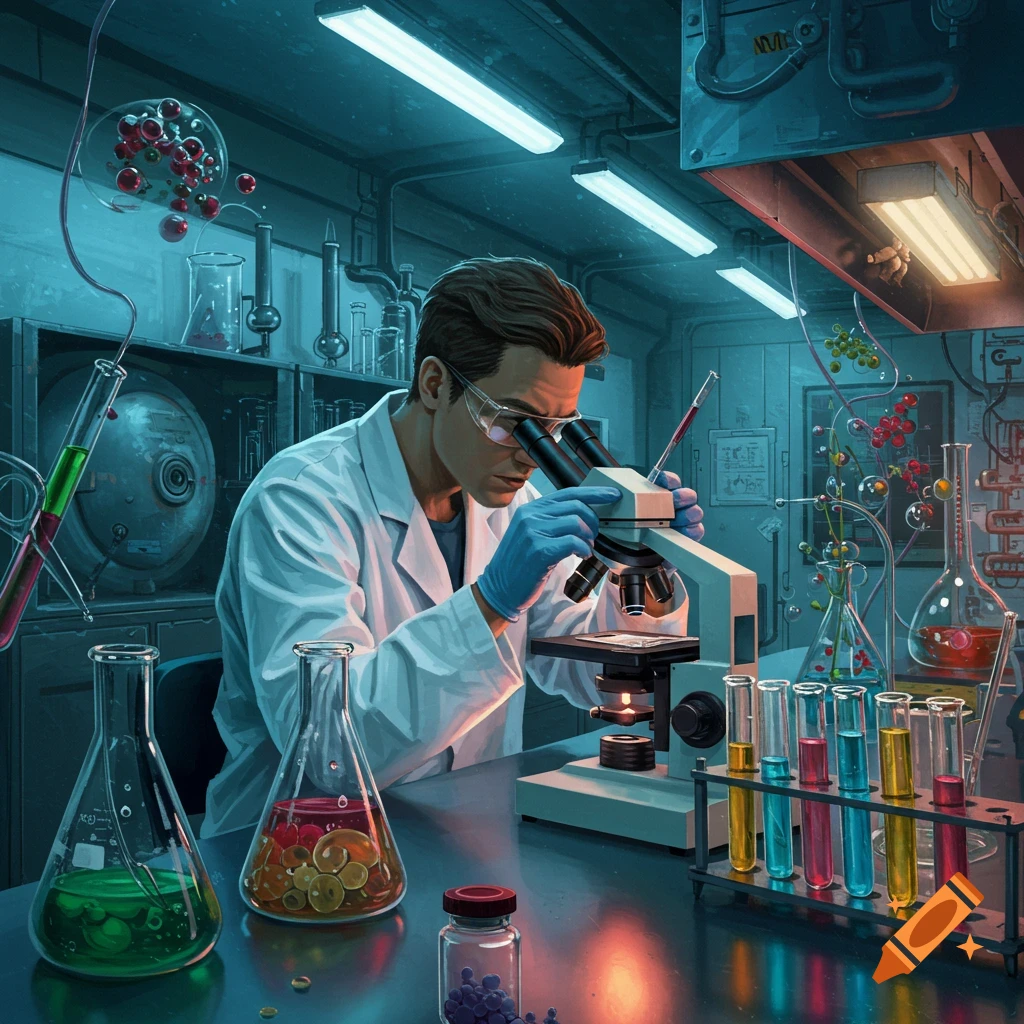 A scientist in a lab coat and goggles looking through a microscope, surrounded by beakers, flasks, and test tubes.