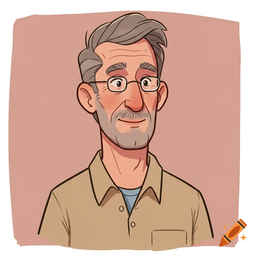 Cartoon portrait of an older man with glasses and a beard, wearing a collared shirt.