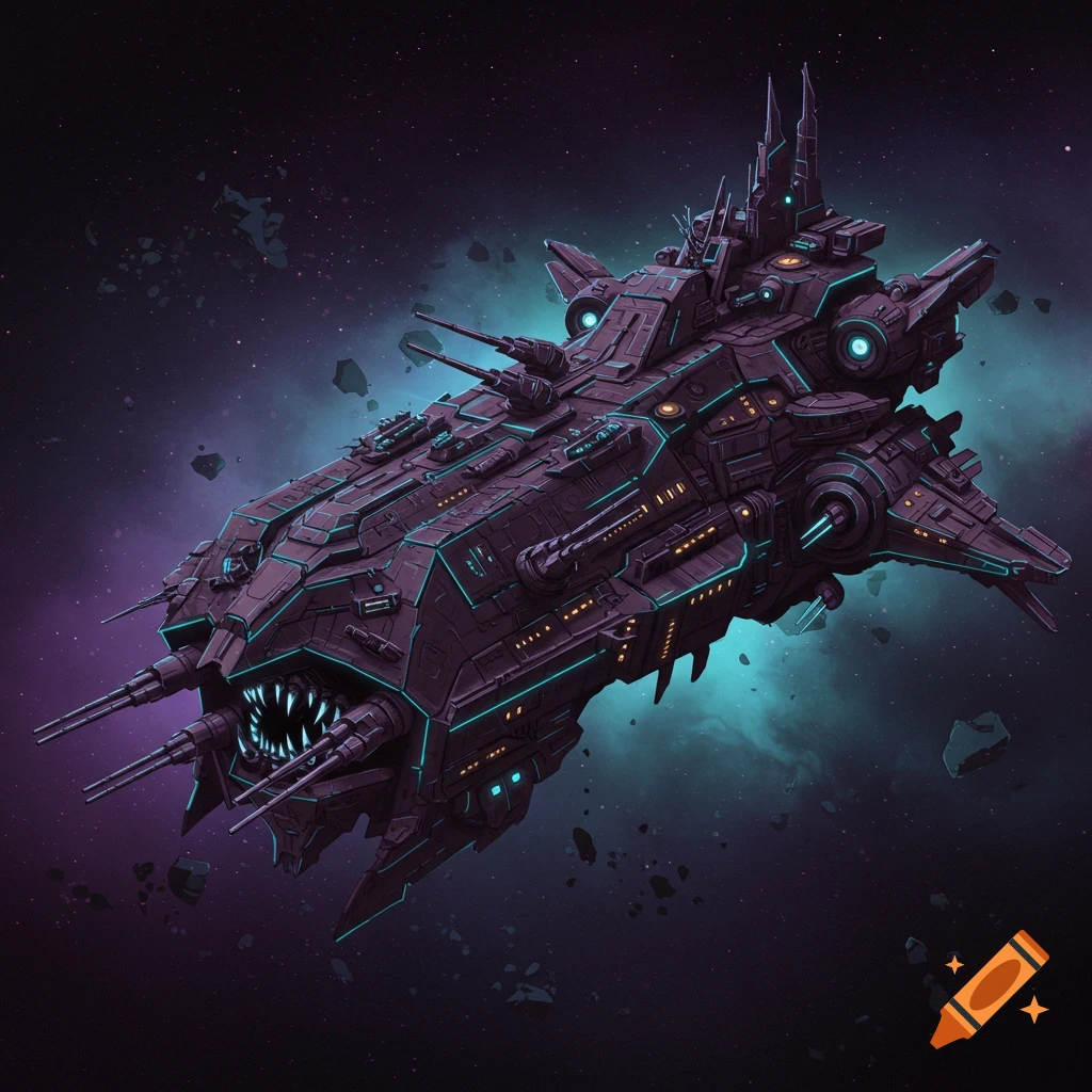 A dark, evil-looking spaceship with glowing teal accents and teeth-like cannons, floating in space.