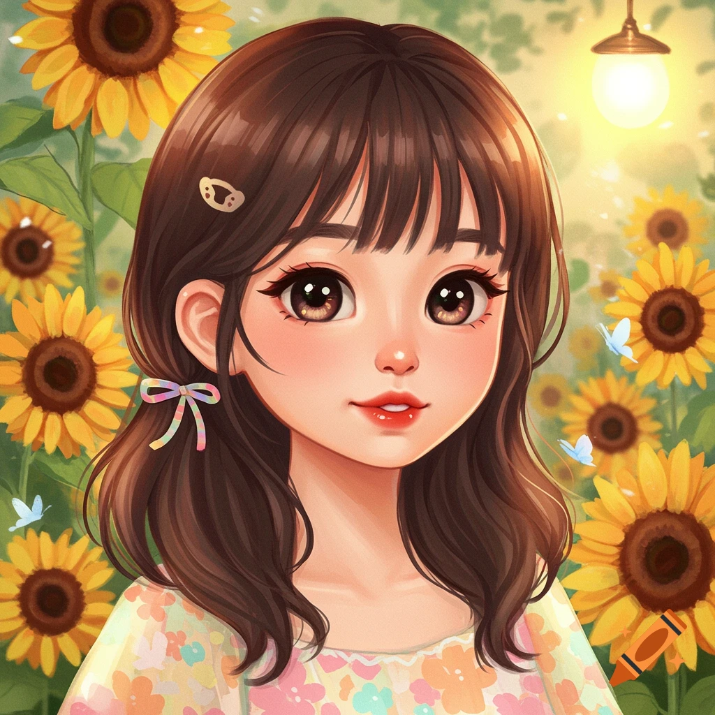 Anime-style portrait of a girl in a sunflower garden with butterflies.