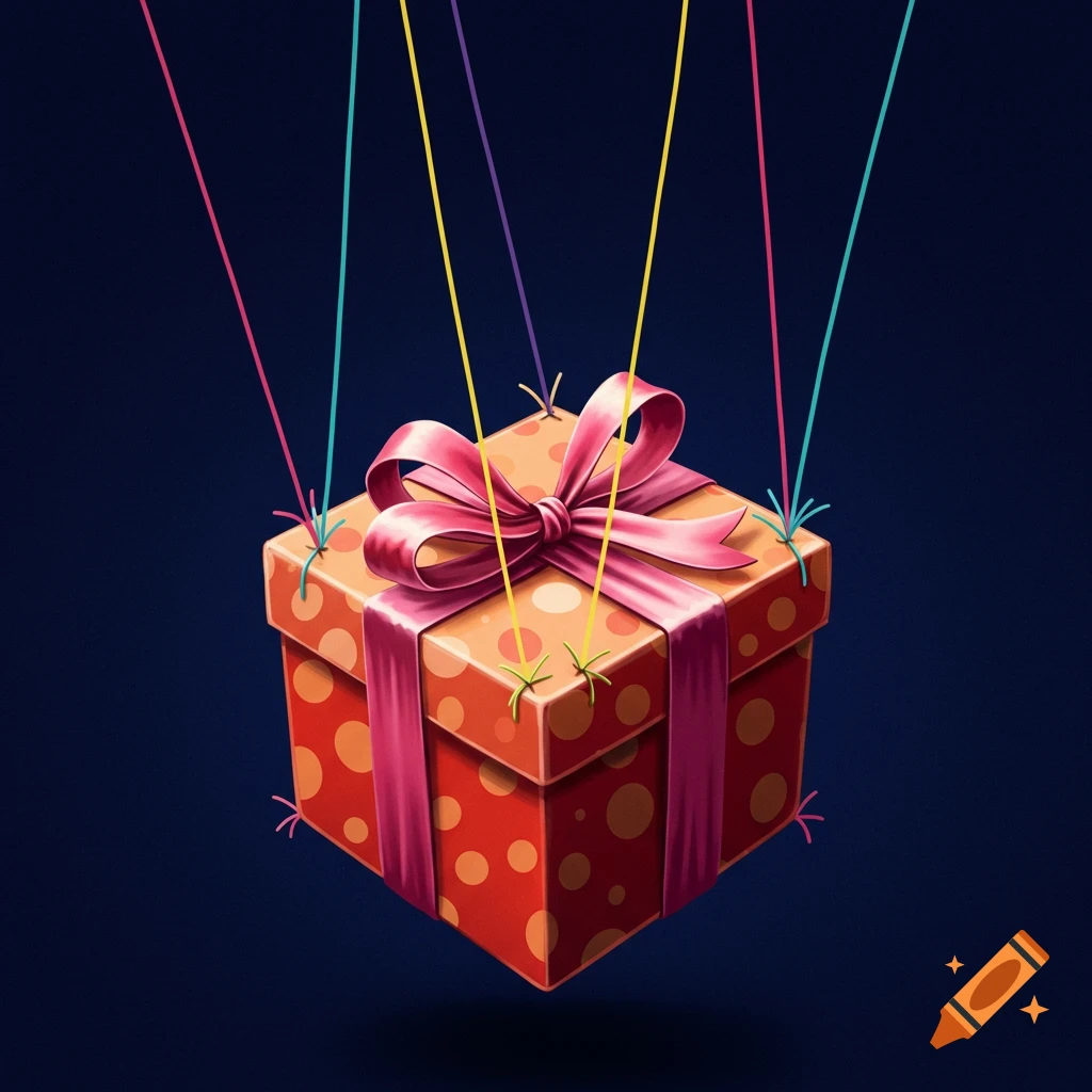 A polka dot gift box hanging by colorful puppet strings.