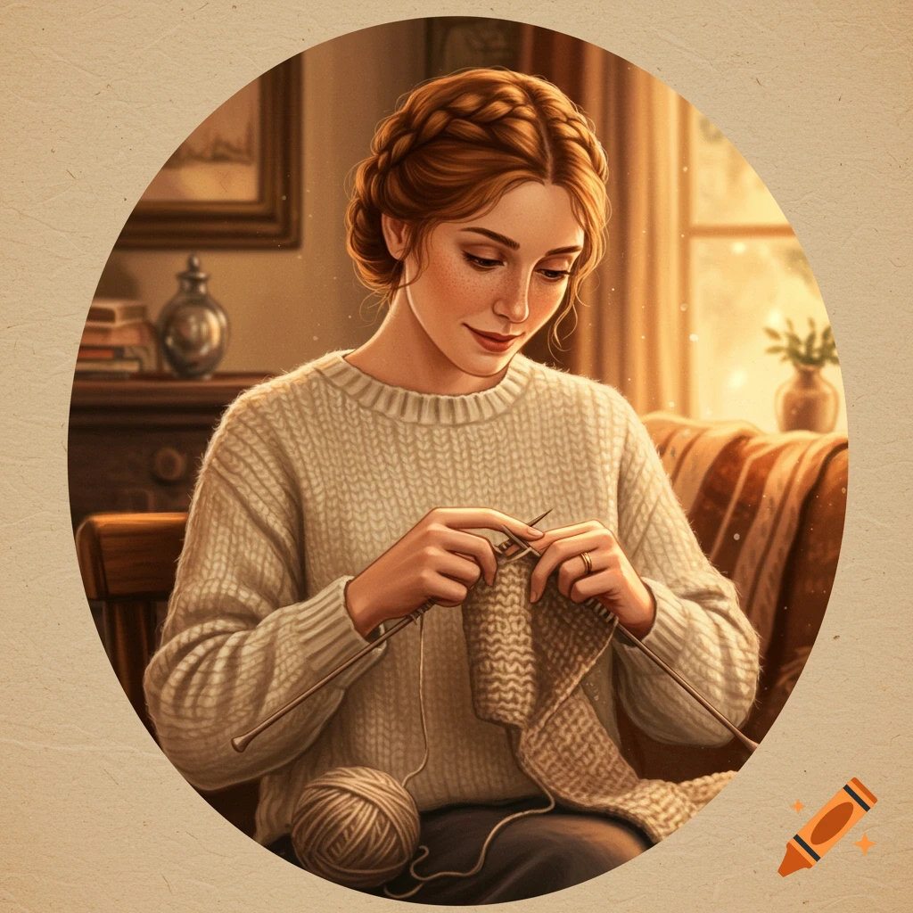 Painting of a woman knitting in an oval frame.
