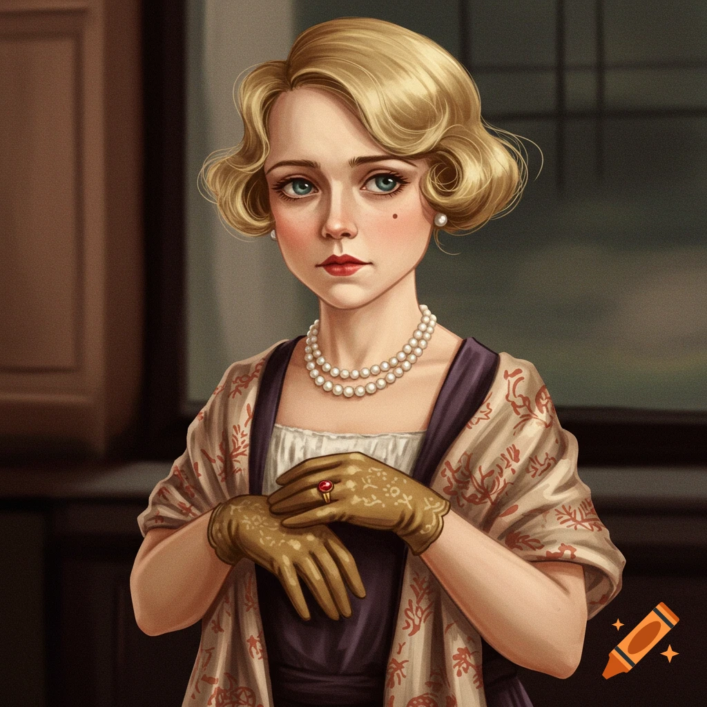 Portrait of a woman in 1910s fashion wearing a pearl necklace, gloves, and a patterned shawl.