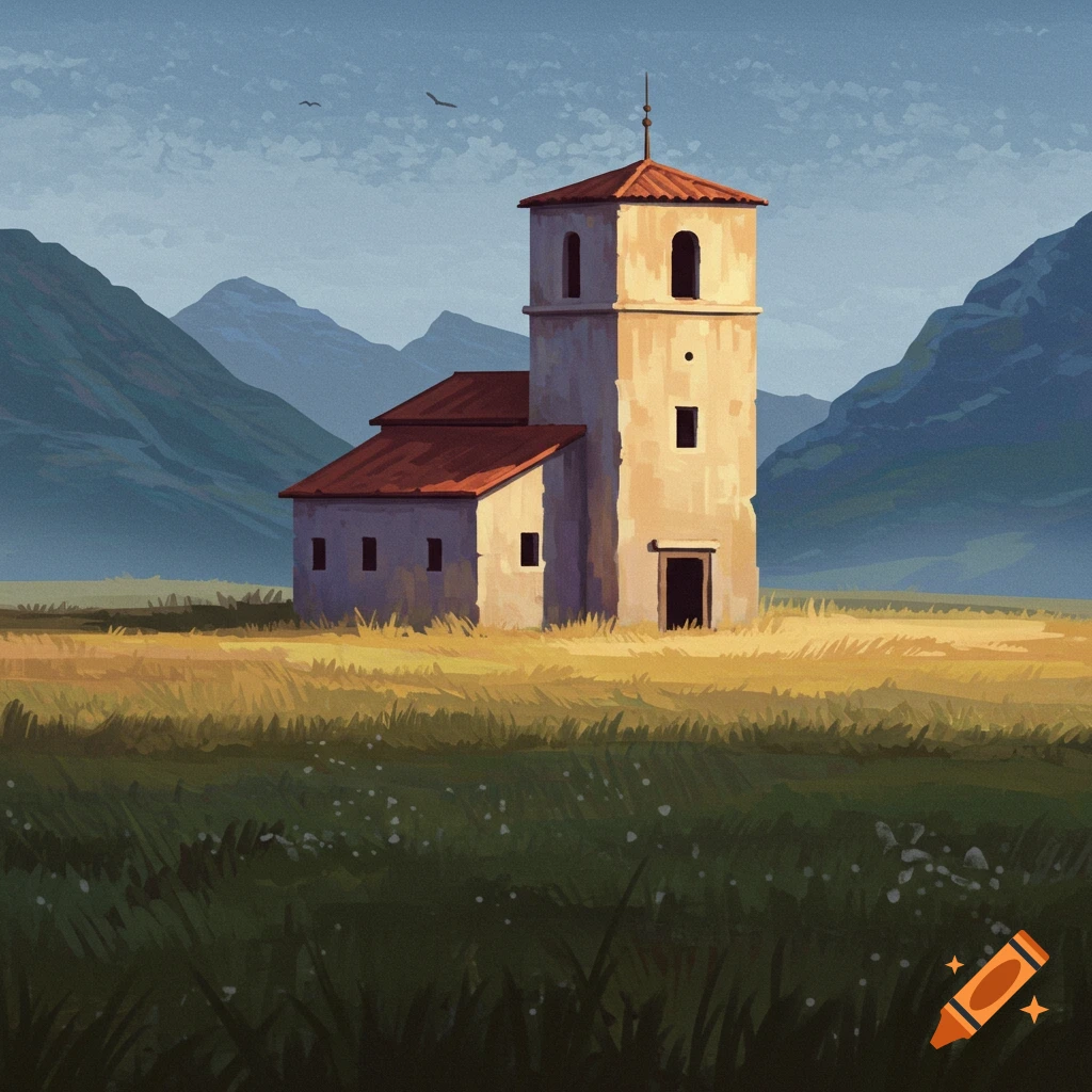 A tall building in a field with mountains