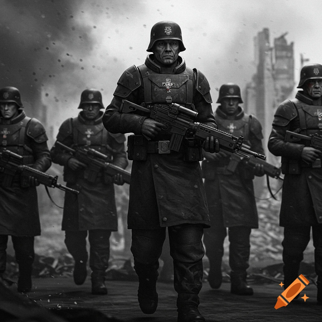 Photorealistic black and white image of armored soldiers in a ruined city.