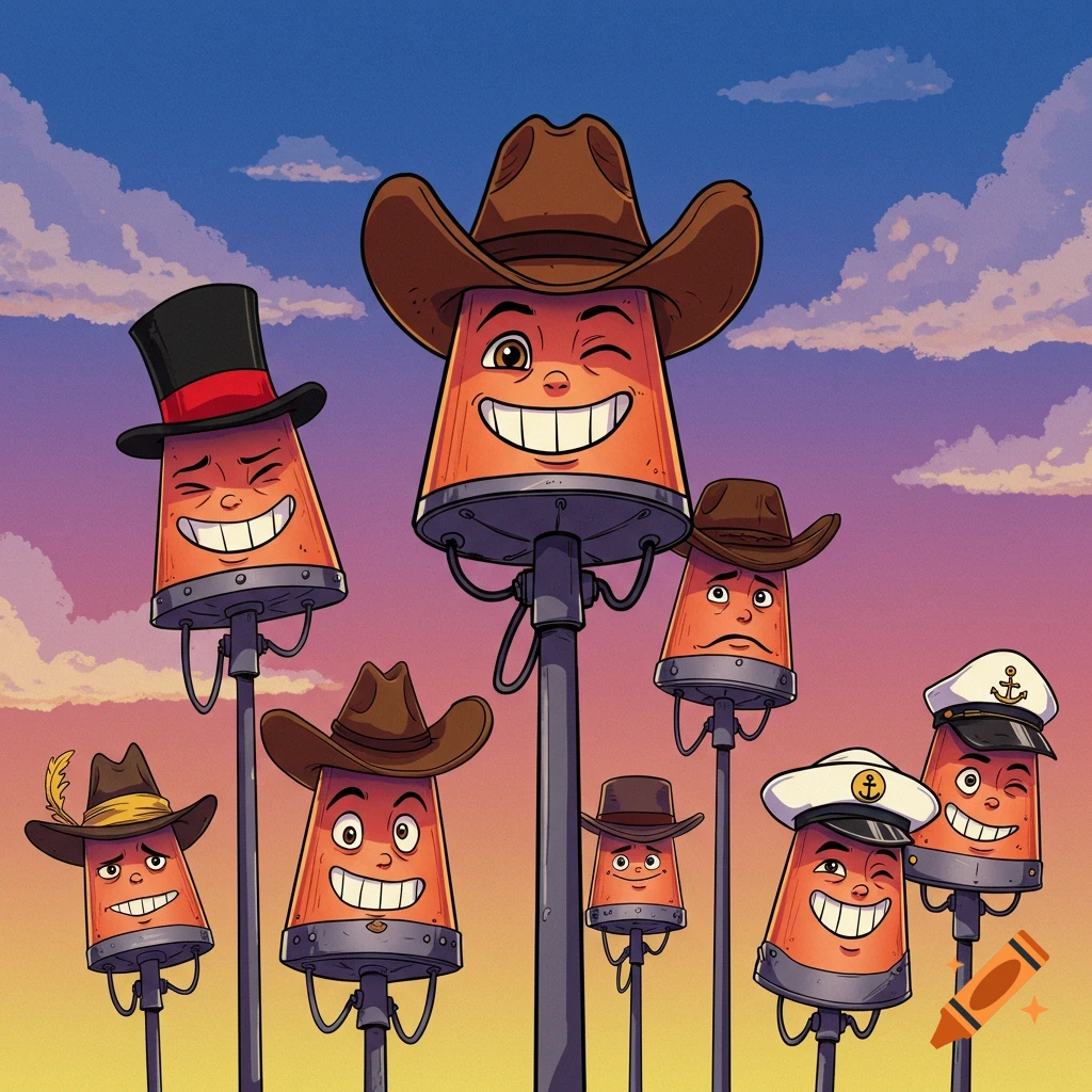 Cartoon outdoor warning sirens wearing different hats against a sunset sky.