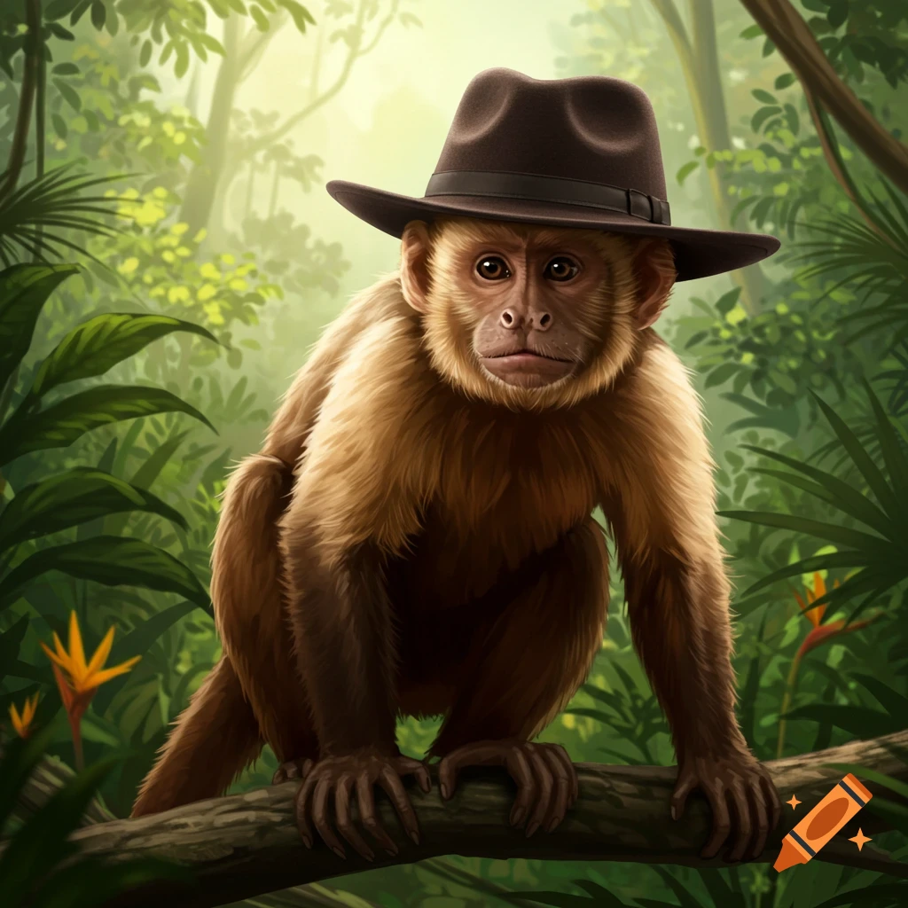 A monkey wearing a hat, sitting on a branch in a jungle.