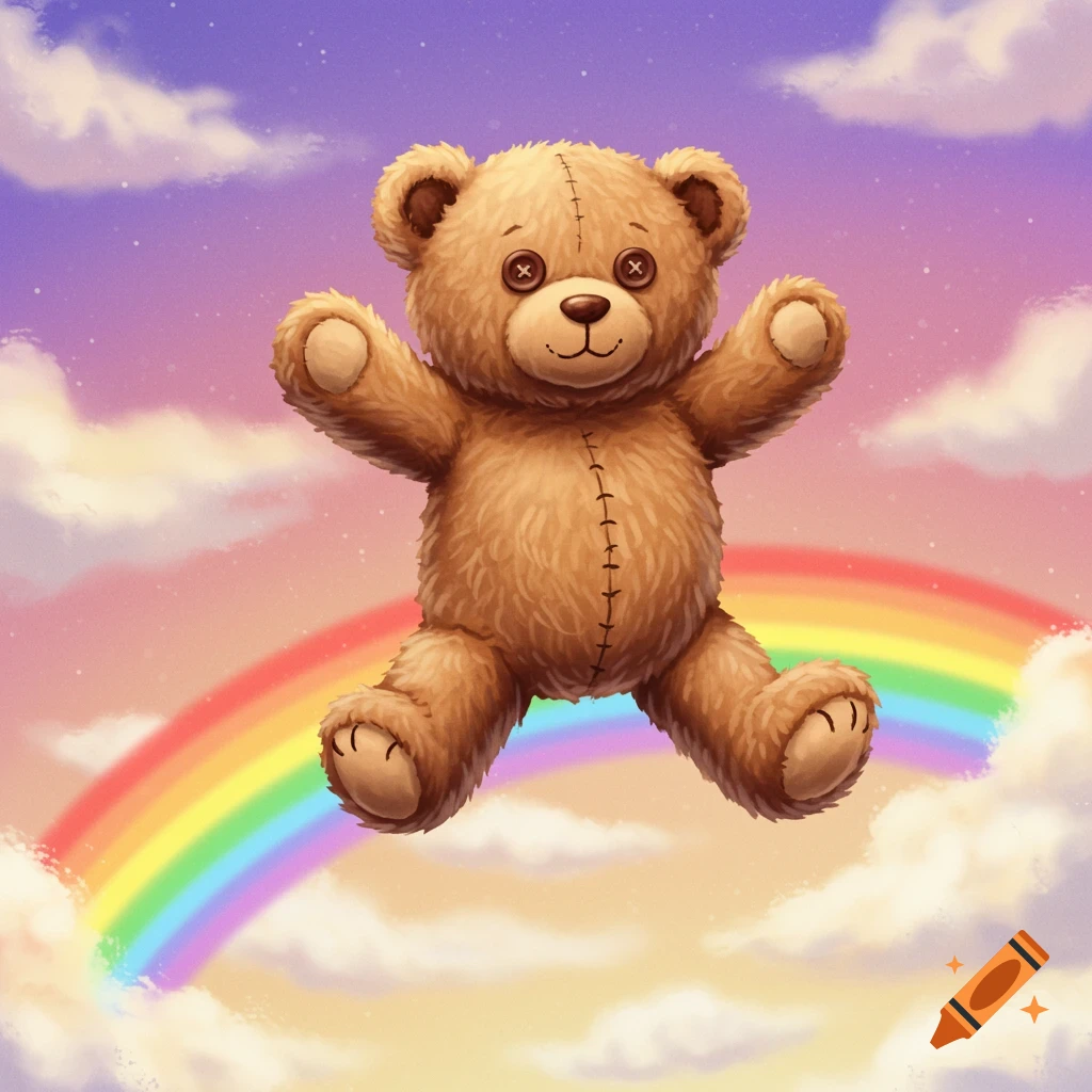 A teddy bear jumping over a vibrant rainbow in a cloudy sky.