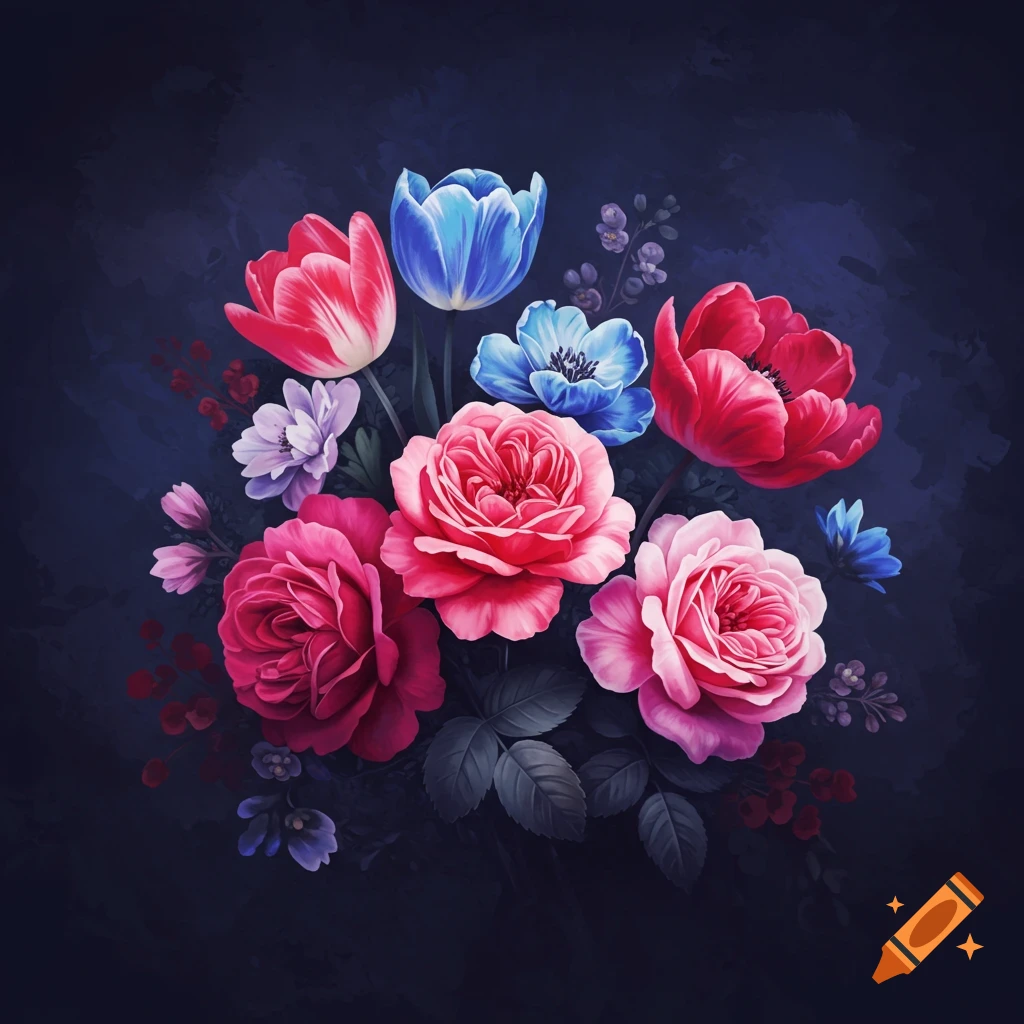 A moody watercolor of pink, red, and blue flowers.