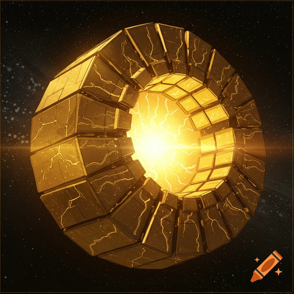 A detailed view of a glowing, segmented golden ring or reactor in space.