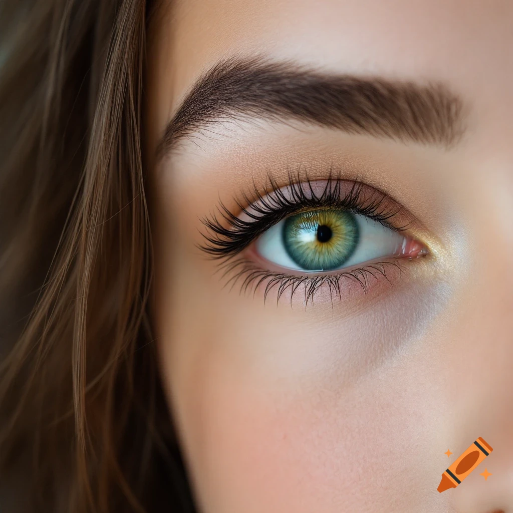 Close up of a green eye with long eyelashes and a brown eyebrow