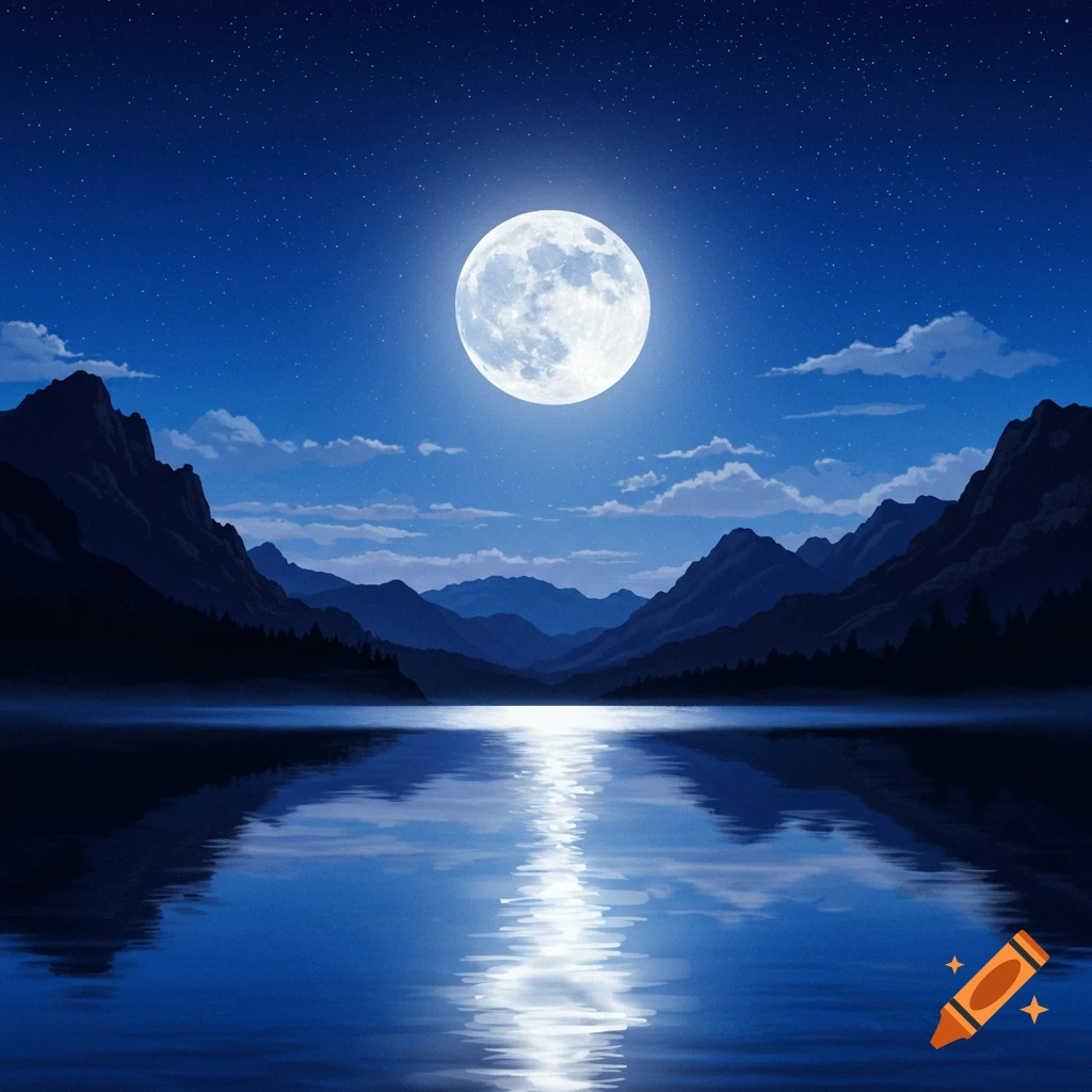A mountain lake under a starry night sky with a large moon reflected in the water.