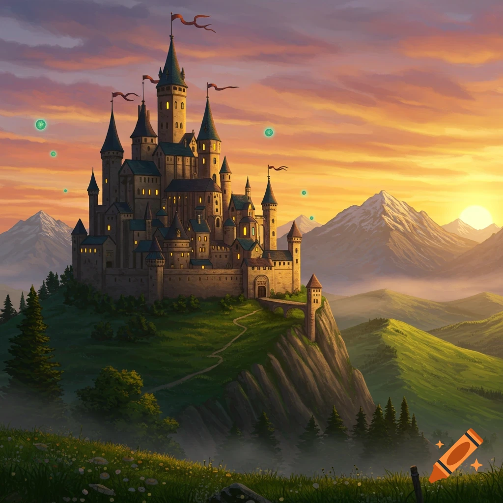 A fantasy hilltop castle at sunset in a mountainous landscape.