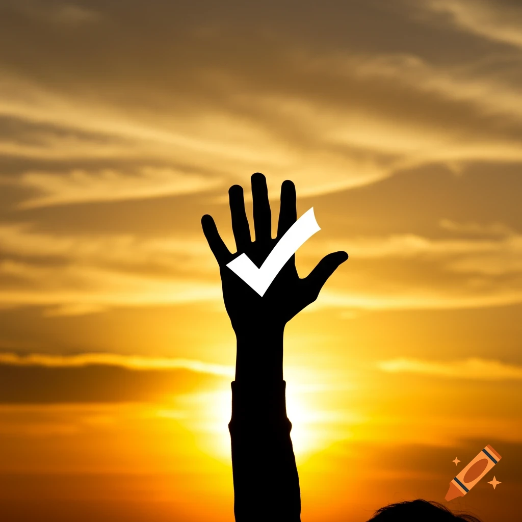 Hand silhouette raised against a sunset sky with a white checkmark symbol.
