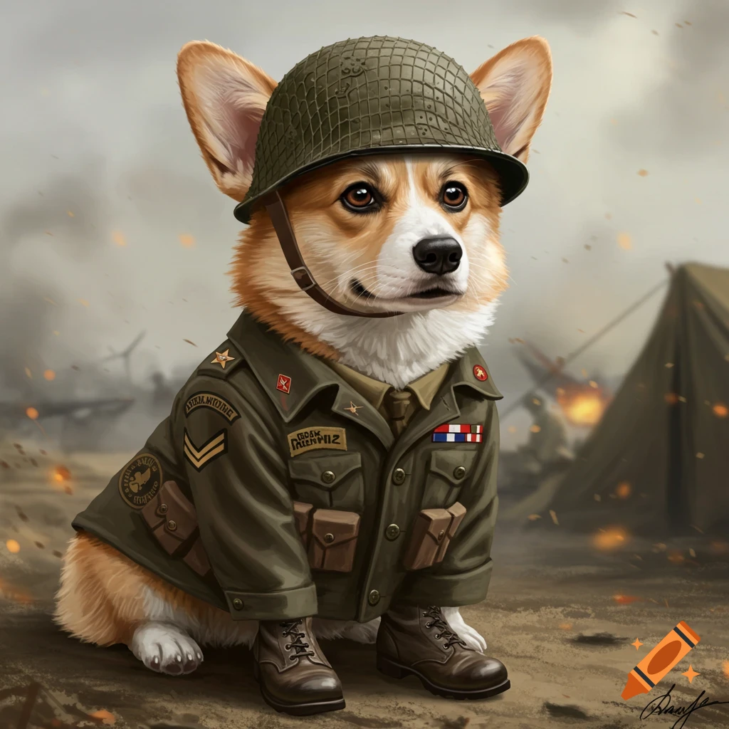 A corgi dog wearing a military uniform and helmet, sitting on a battlefield.