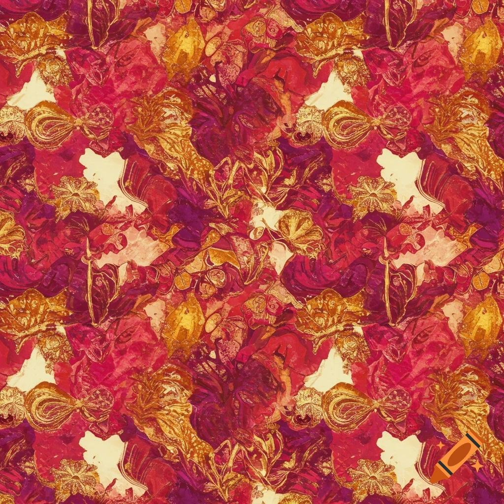 Seamless pattern in red, pink, gold, and purple featuring stylized flowers, berries, and leaves.