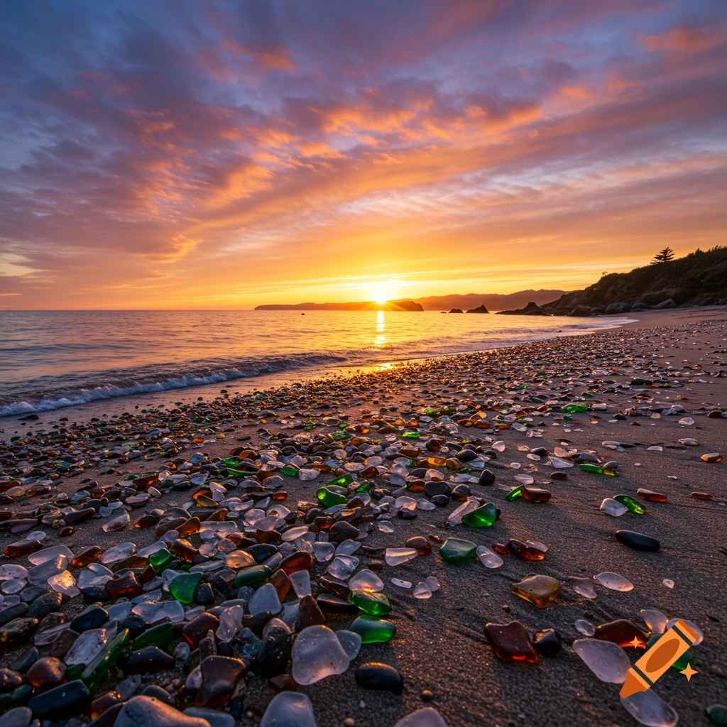 A beach covered in colorful sea glass at sunset, with waves, water reflection, and distant mountains.